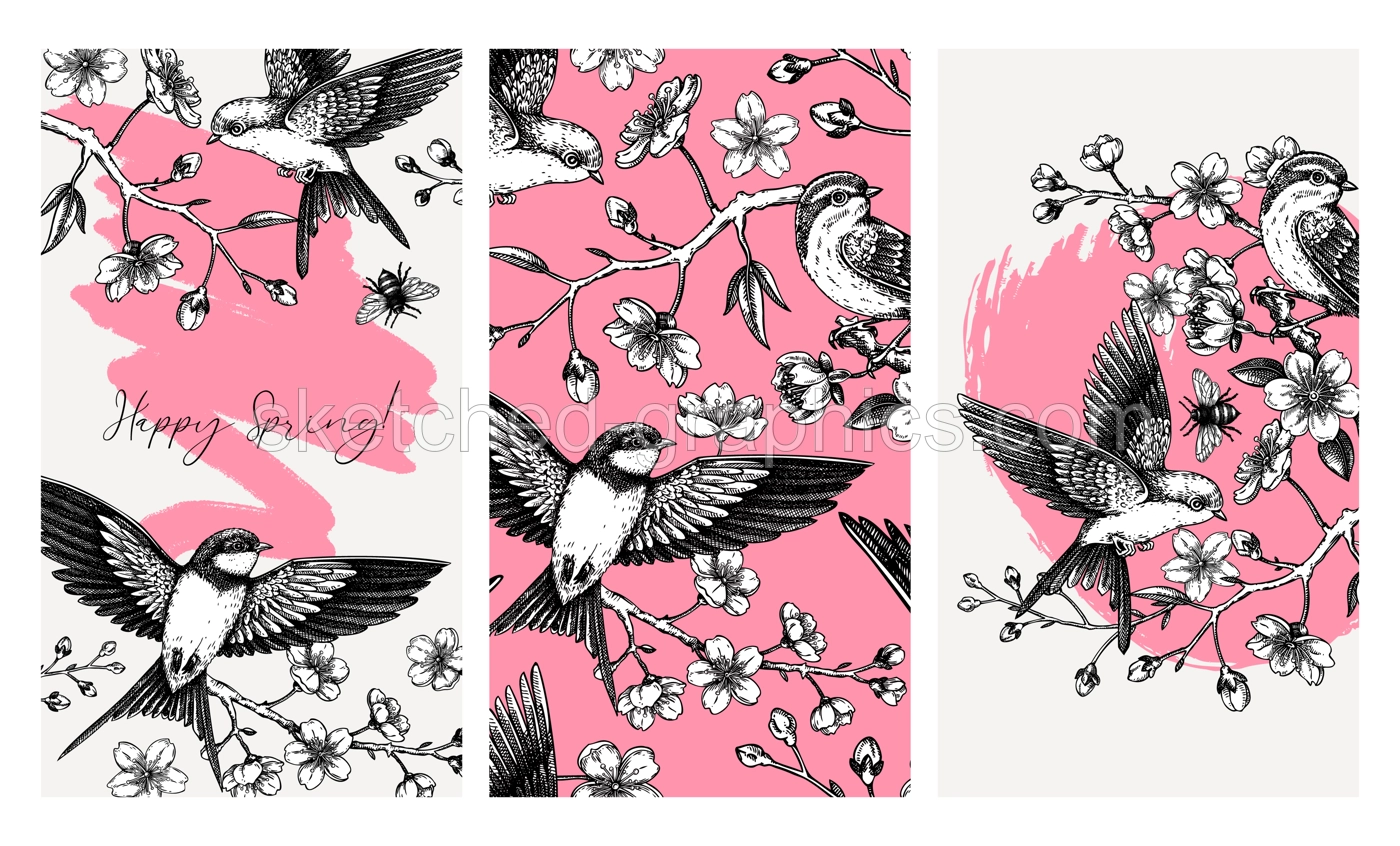 Hand drawn spring social media template. Cherry blossom and flying birds sketch illustration. Web design. NOT AI generated Illustration